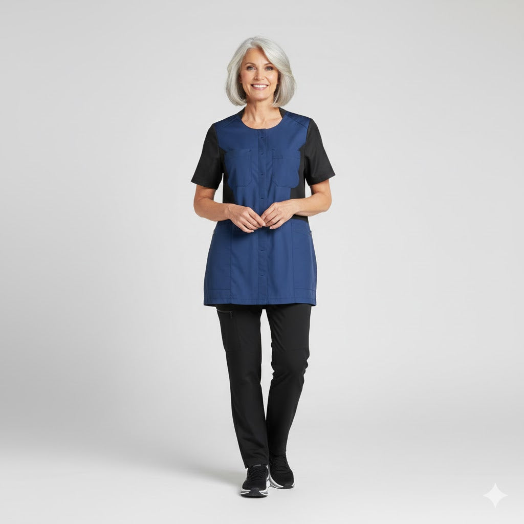 Nybo Navy dametunika — Sporty Mix, pustende, stretch, justerbar midje