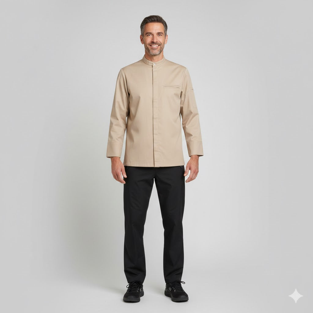 Nybo Khaki Unisex New Nordic kokkejakke, langermet, komfortabel og elastisk