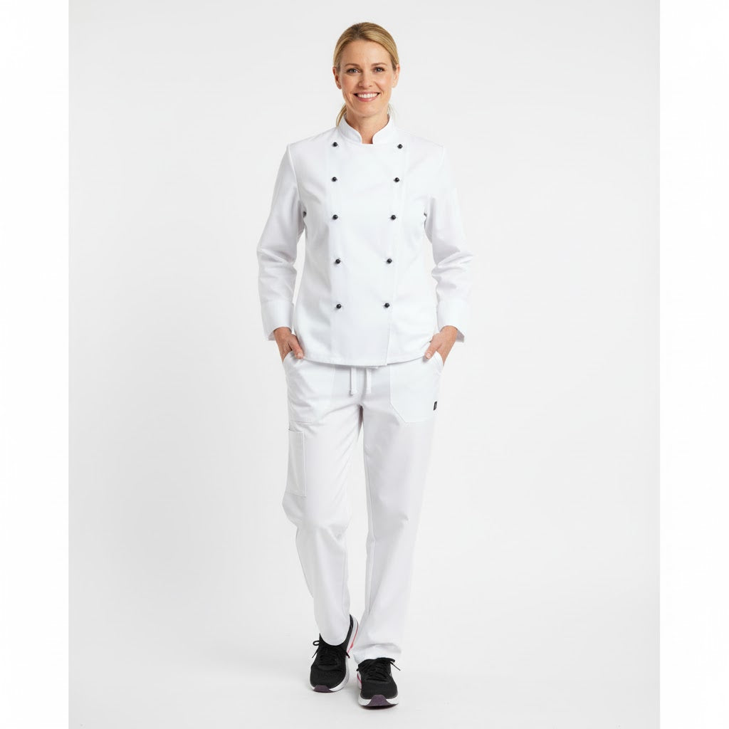 Nybo Delight unisex kokkejakke i hvit – klassisk passform, slitesterk kvalitet og justerbare mansjetter