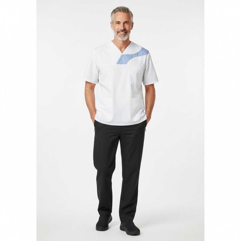 Nybo Hvit/Lyseblå Unisex Comfortec Satin Busseronne, pustende, slitesterk