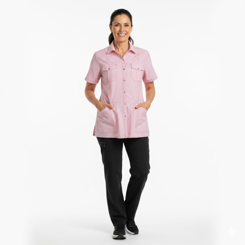 Nybo Pink Stribet Dametunika Fresh, Kortermet, Justerbar Elastikk, Romslige Lommer