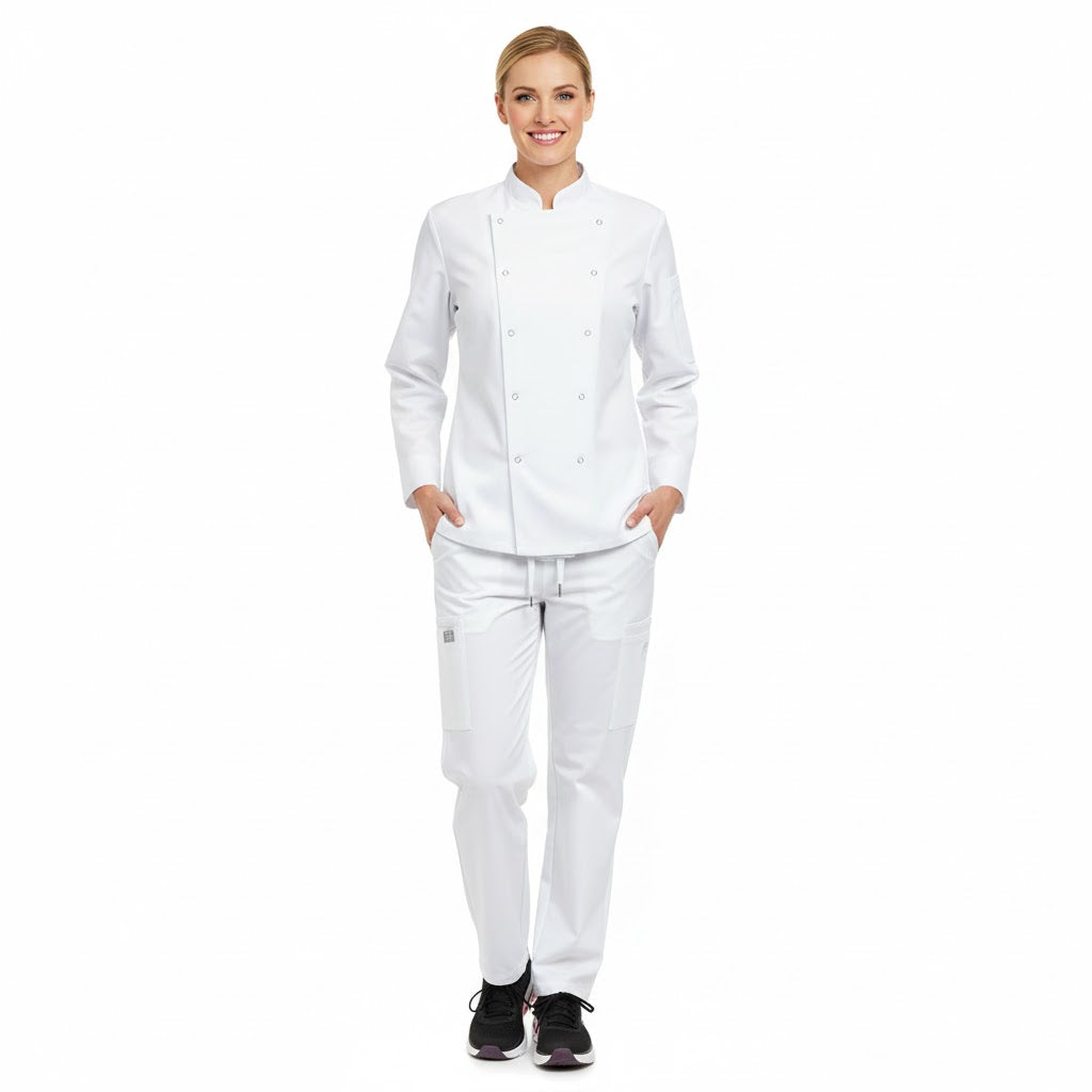 Nybo Hvit Unisex Delight kokkejakke, trykknapper, slitesterk