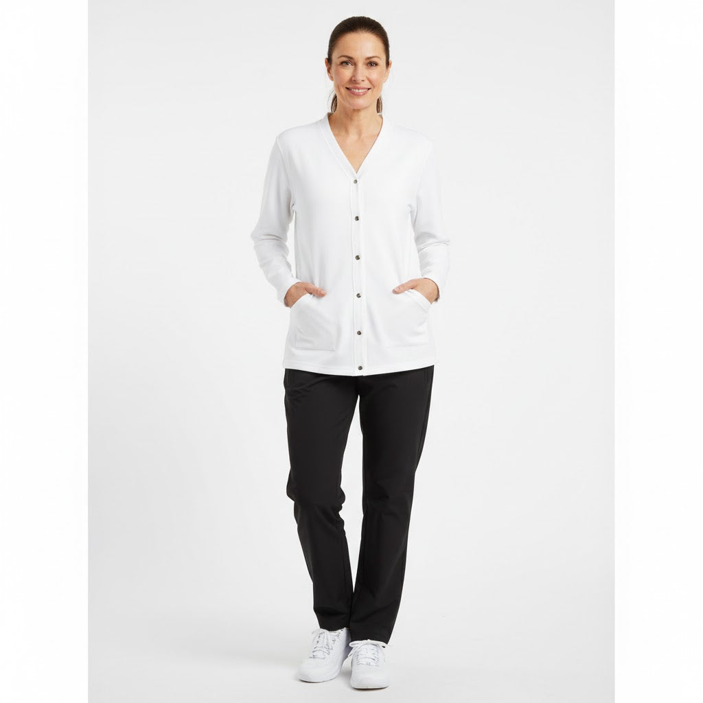 Nybo Hvit Dame Equipment Cardigan, Ottoman, Myk Kvalitet, Store Lommer
