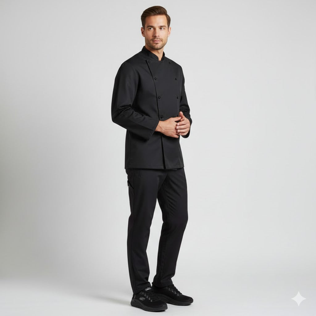 Nybo Delight unisex kokkejakke i svart – klassisk passform, slitesterkt materiale og justerbare mansjetter