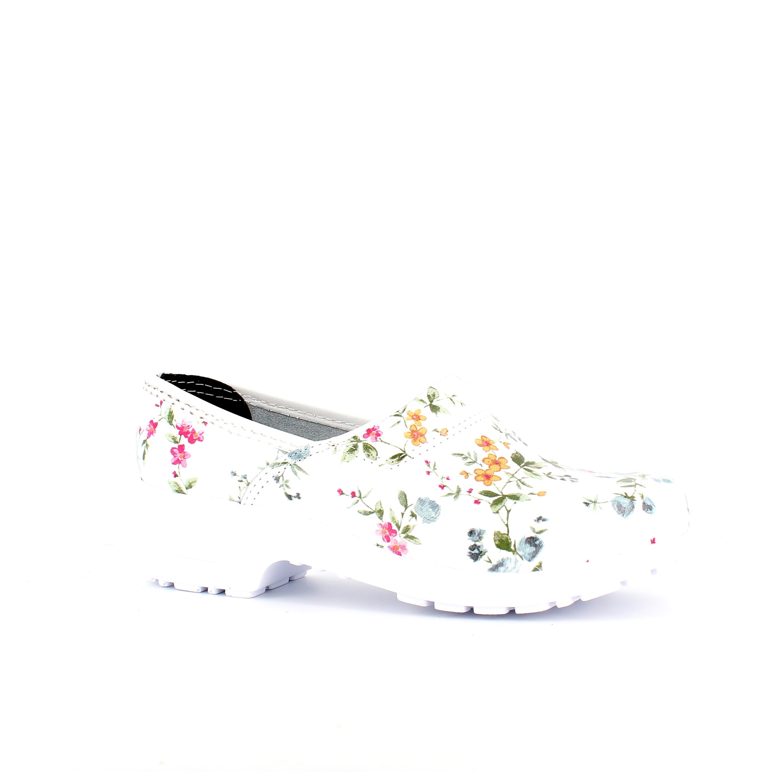 Hvit blomstret tresko med hælkappe