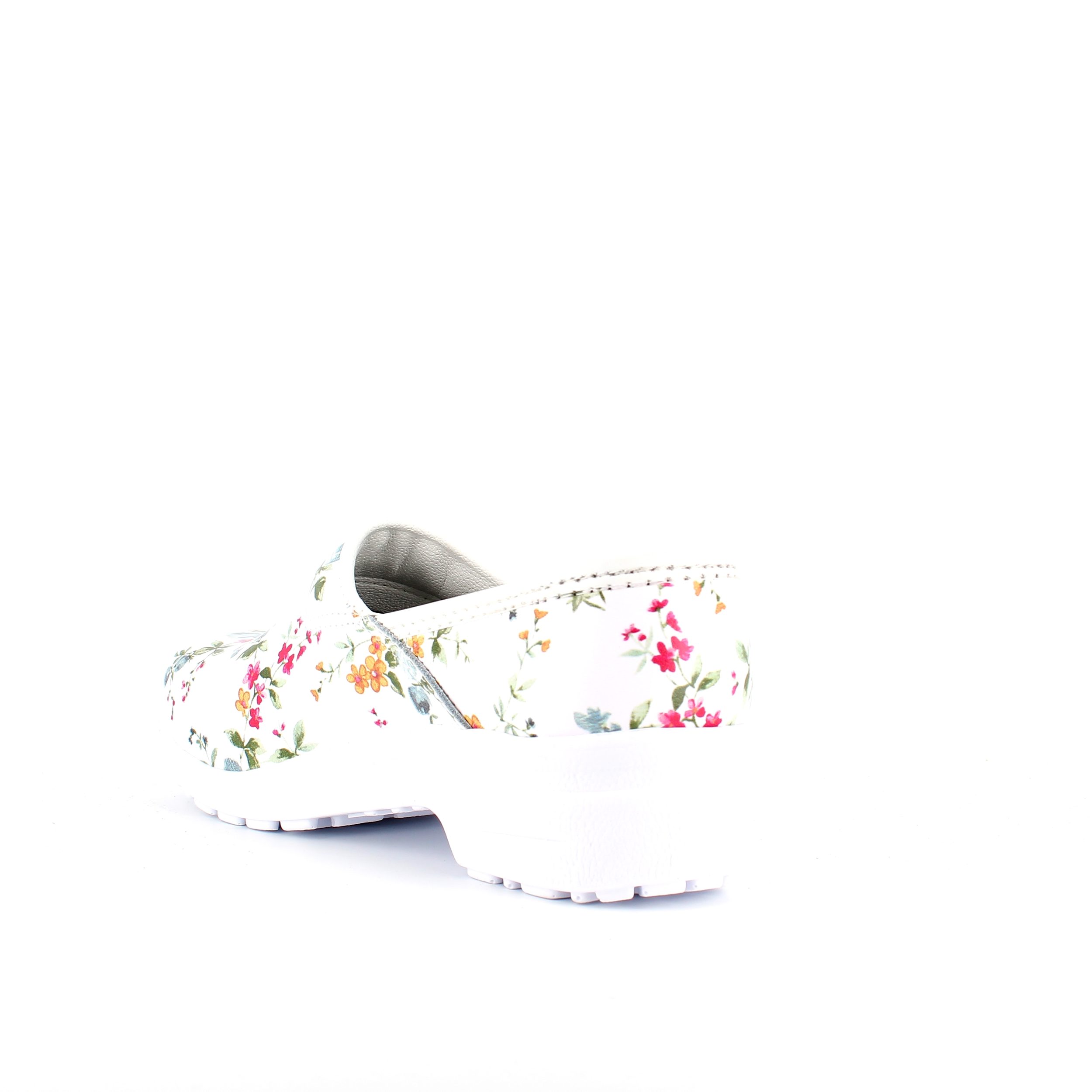 Hvit blomstret tresko med hælkappe