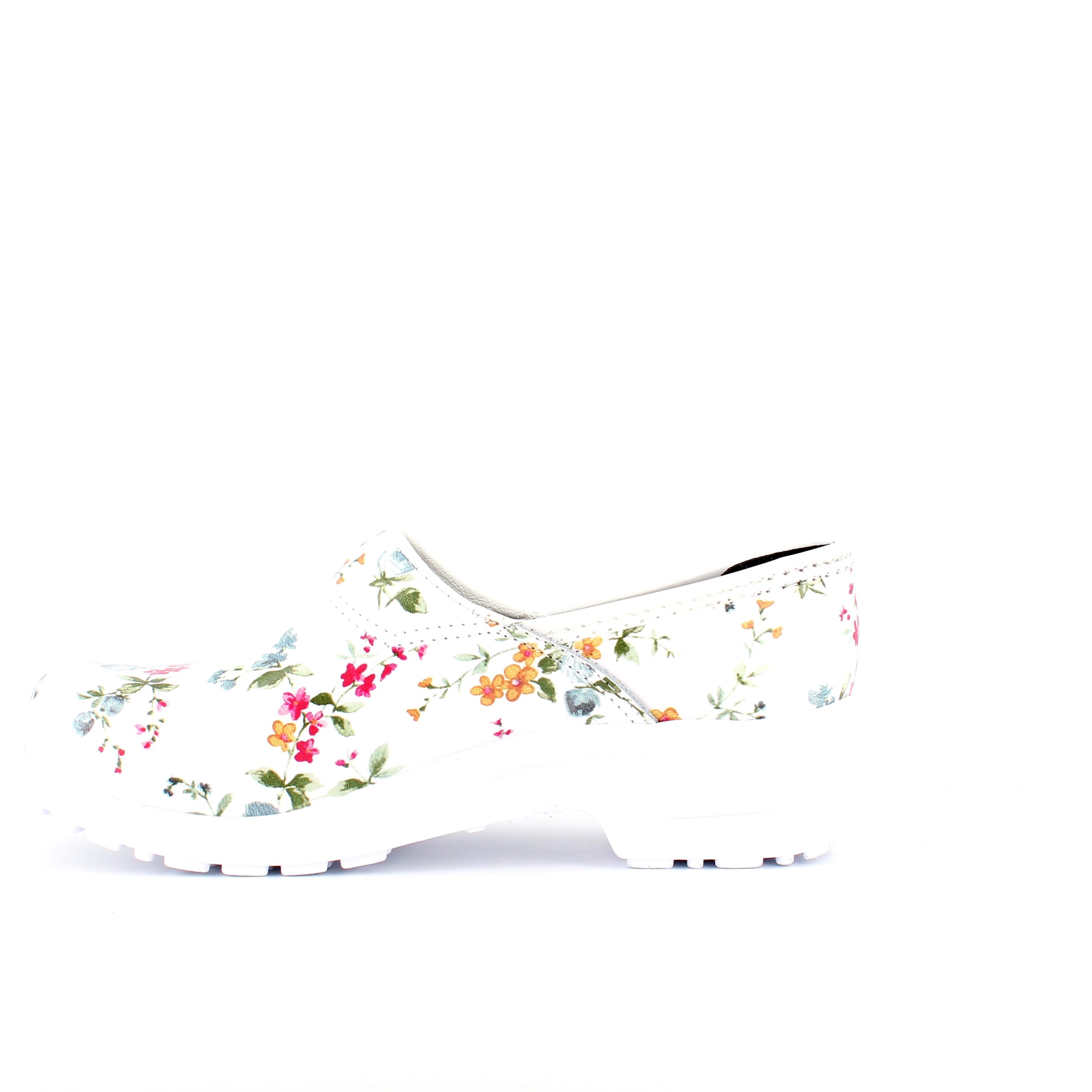 Hvit blomstret tresko med hælkappe