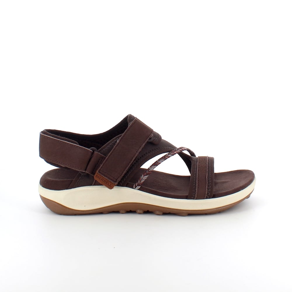 Mørkebrun, lett sandal fra Merrell med mye svangstøtte.