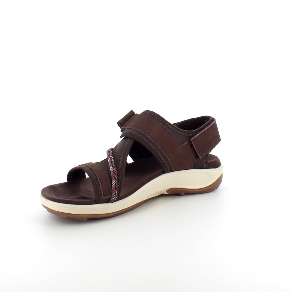 Mørkebrun, lett sandal fra Merrell med mye svangstøtte.