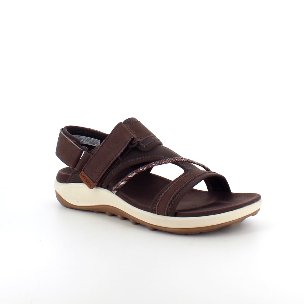 Mørkebrun, lett sandal fra Merrell med mye svangstøtte.
