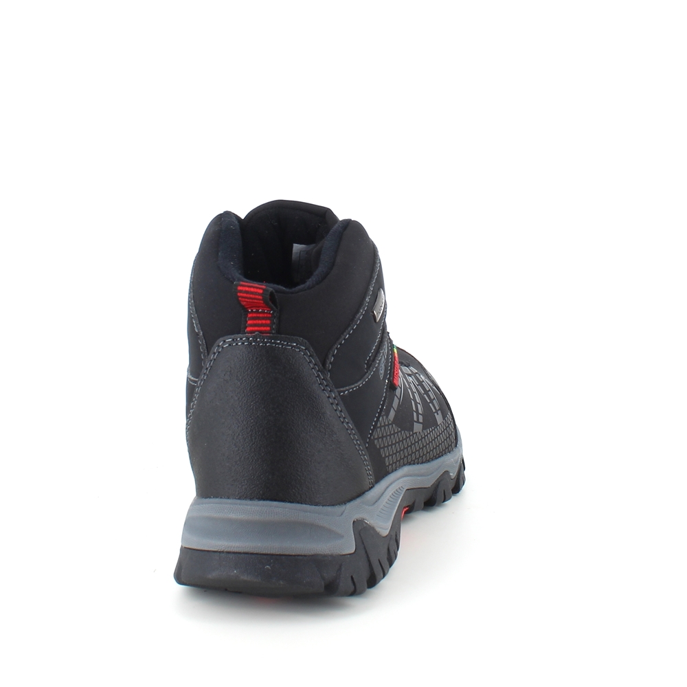 Svart fjellstøvel med røde detaljer og overdel i ettergivende softshell