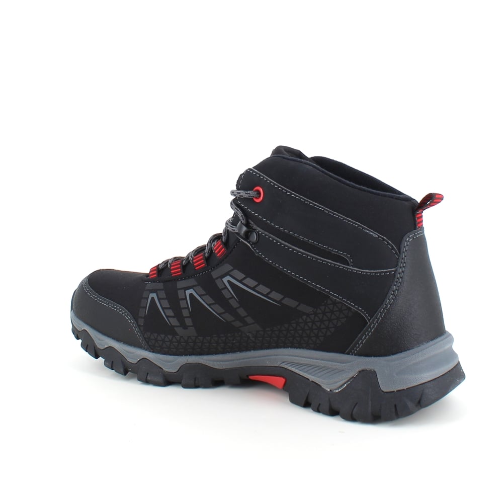 Svart fjellstøvel med røde detaljer og overdel i ettergivende softshell
