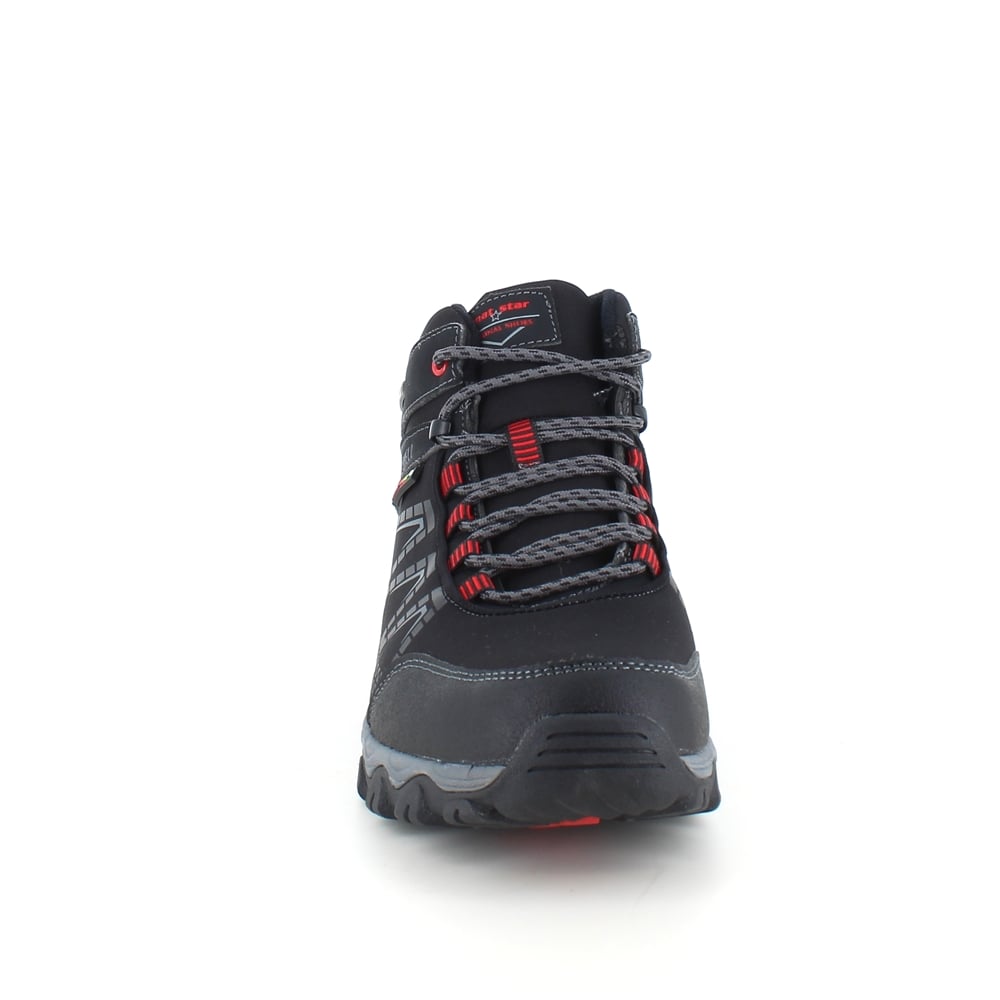 Svart fjellstøvel med røde detaljer og overdel i ettergivende softshell