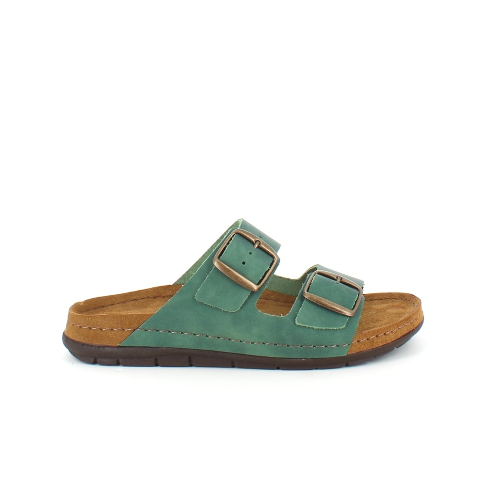 Olivengrønn slip-in sandal i skinn med brede remmer