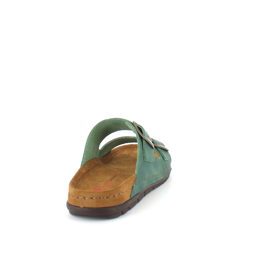 Olivengrønn slip-in sandal i skinn med brede remmer