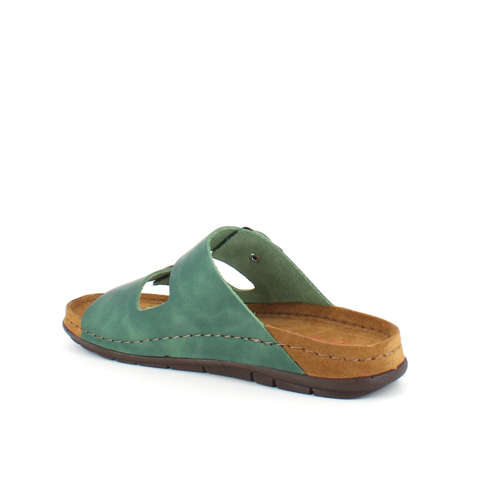 Olivengrønn slip-in sandal i skinn med brede remmer