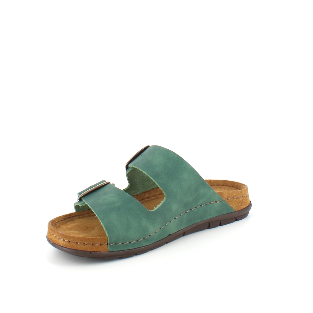 Olivengrønn slip-in sandal i skinn med brede remmer