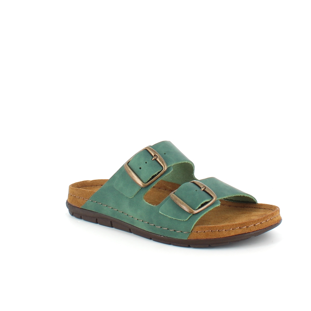 Olivengrønn slip-in sandal i skinn med brede remmer
