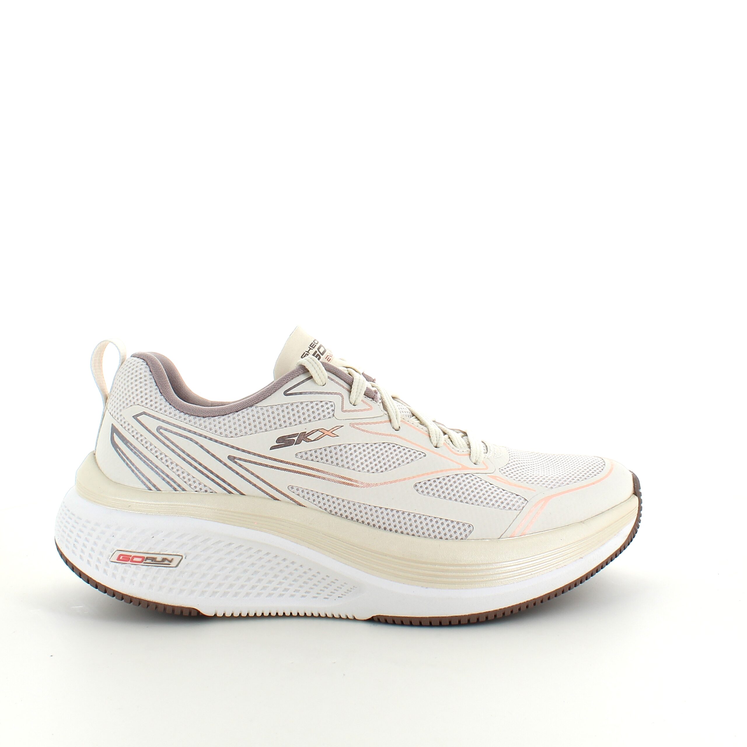 Ultralett hvit Skecherssko med effektiv støtdemping og stiv rulling