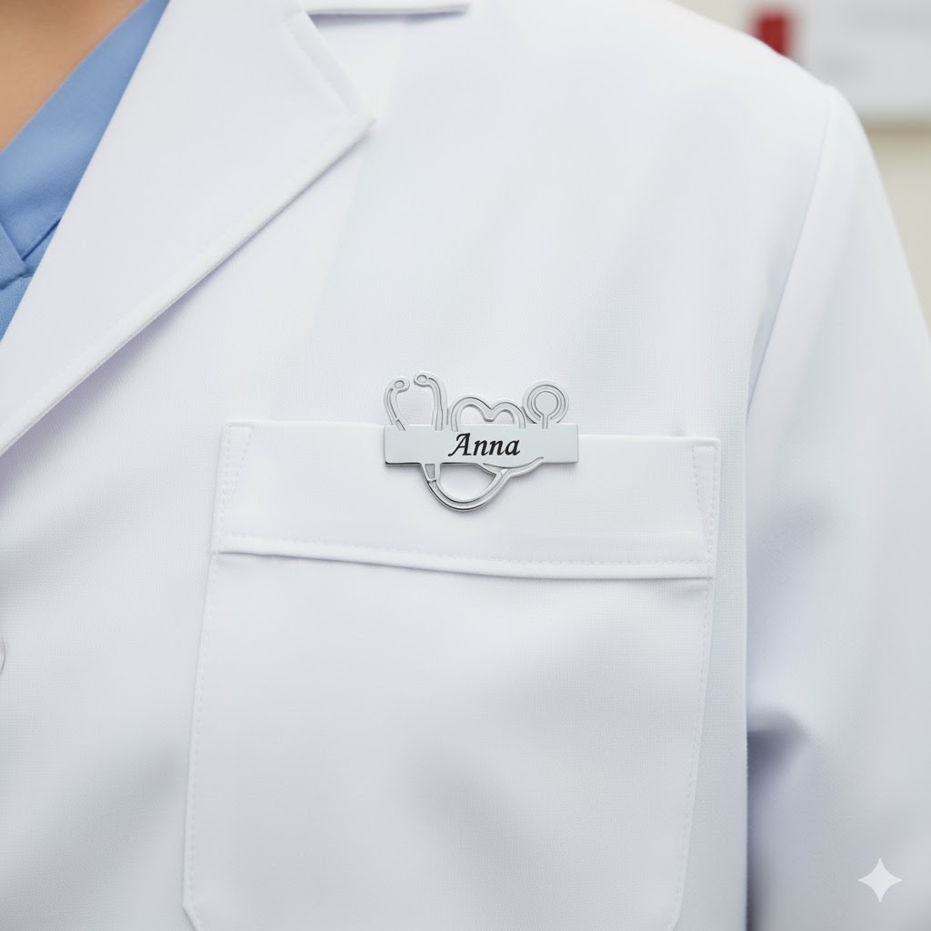 Navneskilt til stetoskop i sølvfarget stål – profesjonelt og personlig utseende for helsepersonell